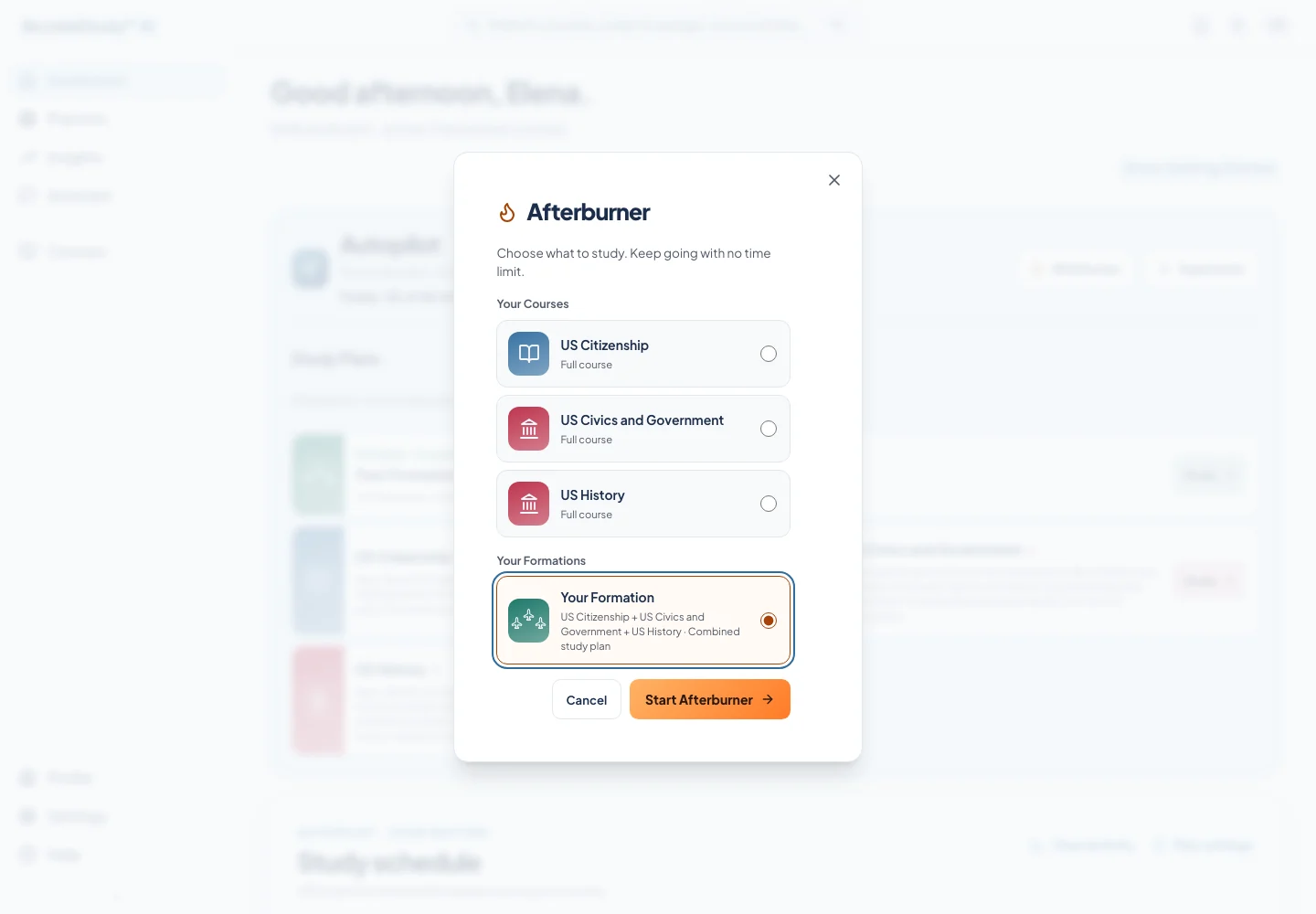 One Afterburner action lists your course plans and your Formations.
